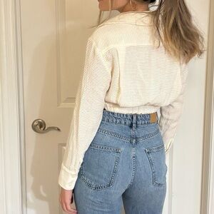 Zara White Ruched Crop Button Down Shirt